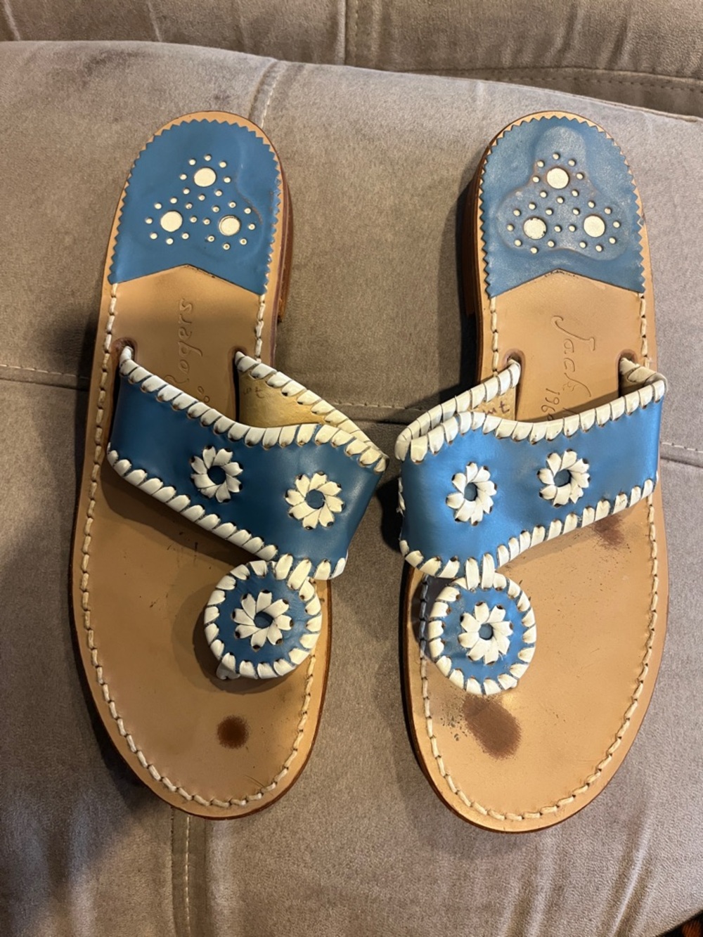 Jack Rogers Blue and White Leather Floral Thong Sandals